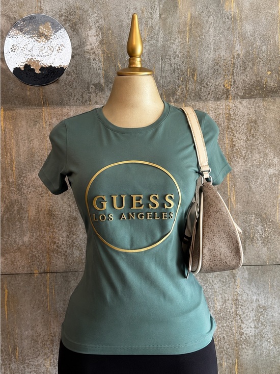 Guess Tops - GUESS Women's Short Sleeve Logo Tee — Green with Gold Print